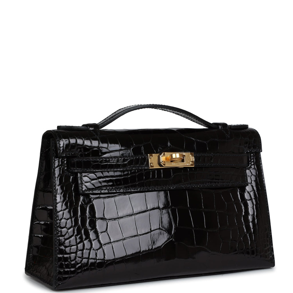 Hermès Kelly Pochette Black Shiny Alligator Gold Hardware