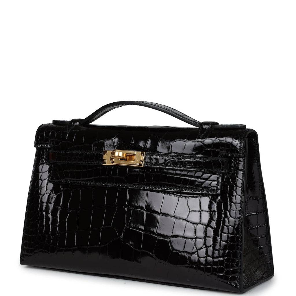 Hermès Kelly Pochette Black Shiny Alligator Gold Hardware